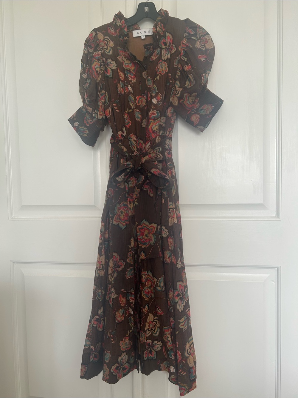 Buru Floral Brown Midi Dress with Tie Waist